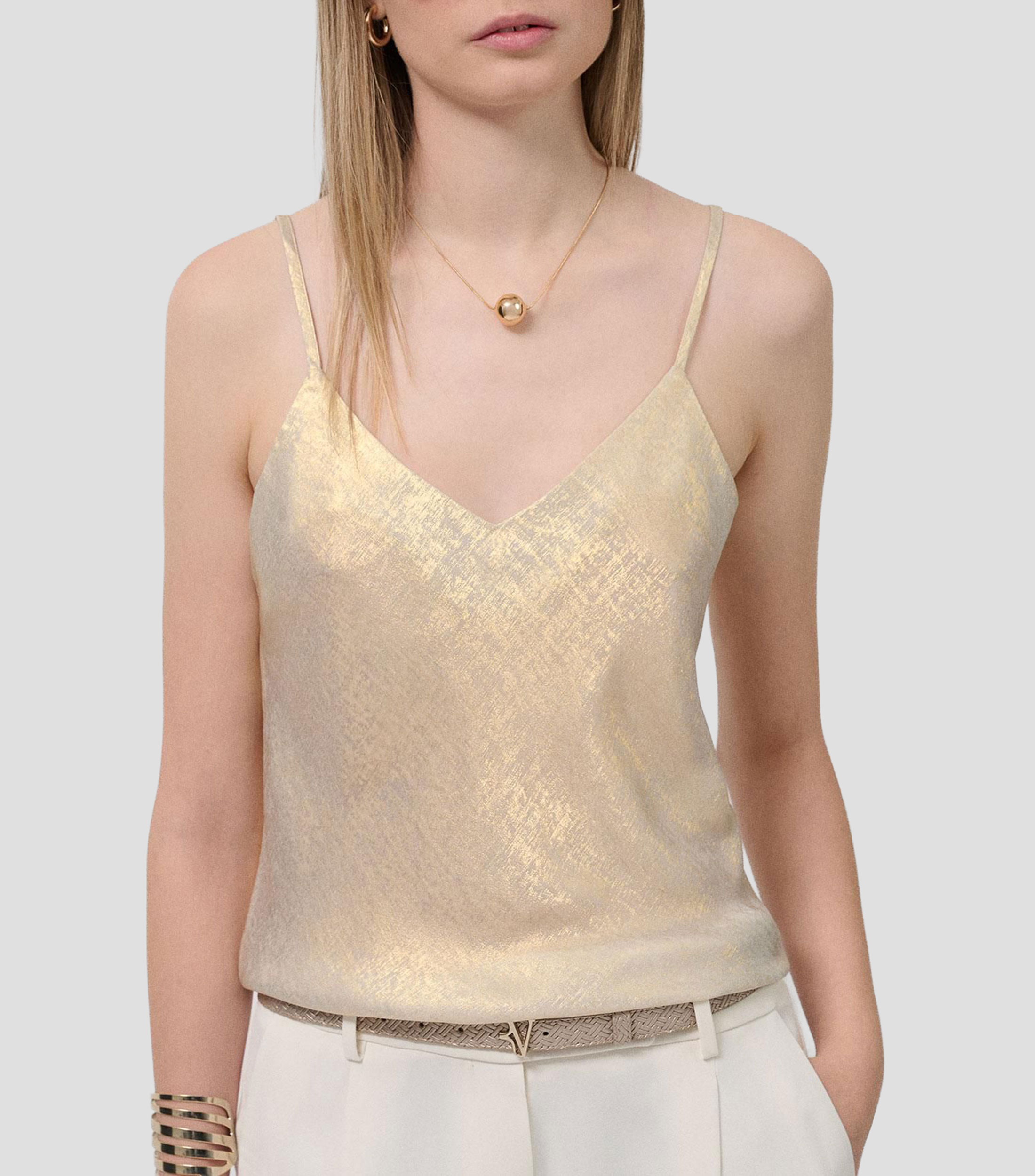 Top cuello V sin mangas metalizadas Mujer